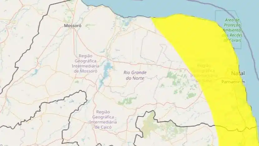 Alerta de perigo potencial emitido pelo Inmet para 65 cidades do RN