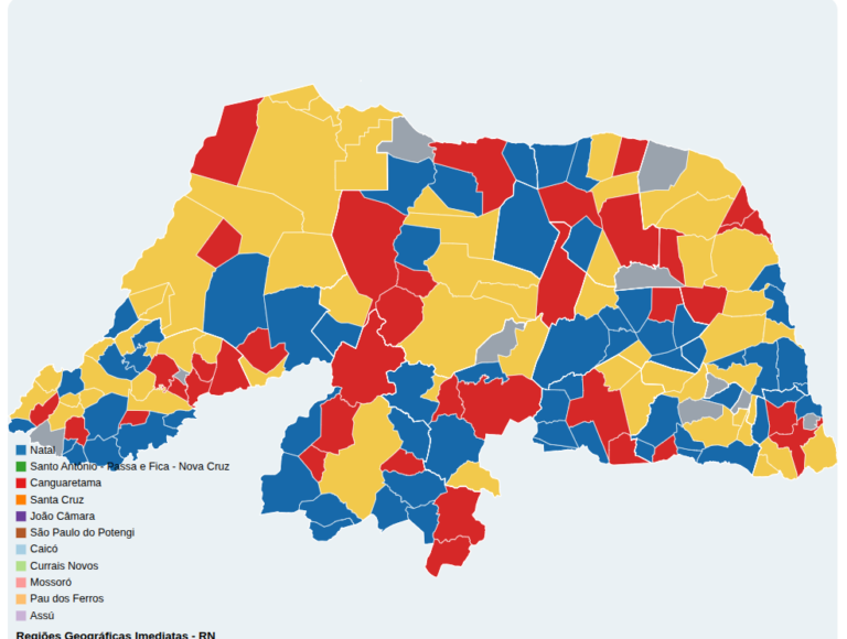 Mapa do Rio Grande do Norte mostra o candidato ao Governo apoiado pelos prefeitos de cada município