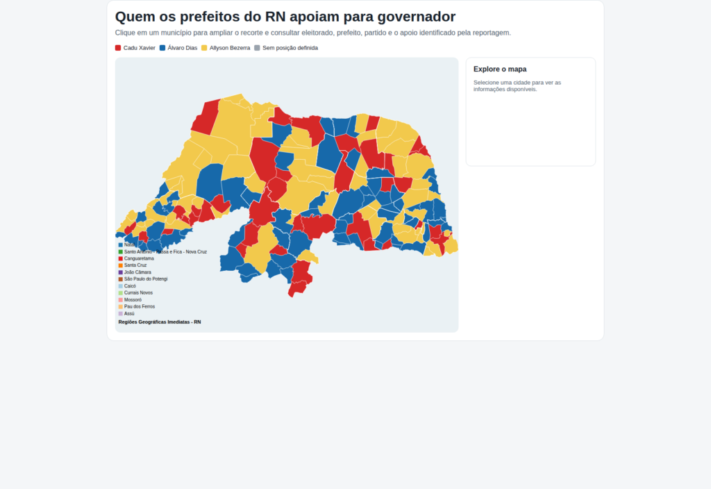 Mapa do Rio Grande do Norte classifica os municípios pelo candidato a governador apoiado pelo prefeito