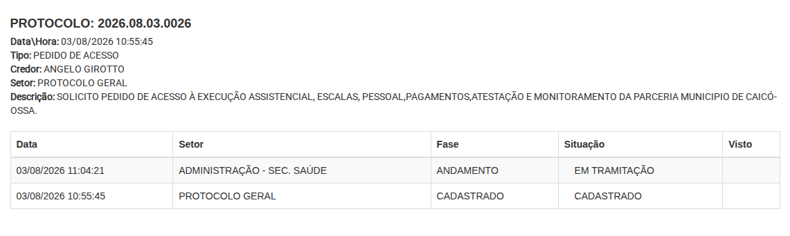 Protocolo 2026.08.03.0026 em tramitação na consulta de25/09/2026; painel com descrição e histórico, sem dados pessoais de acesso.