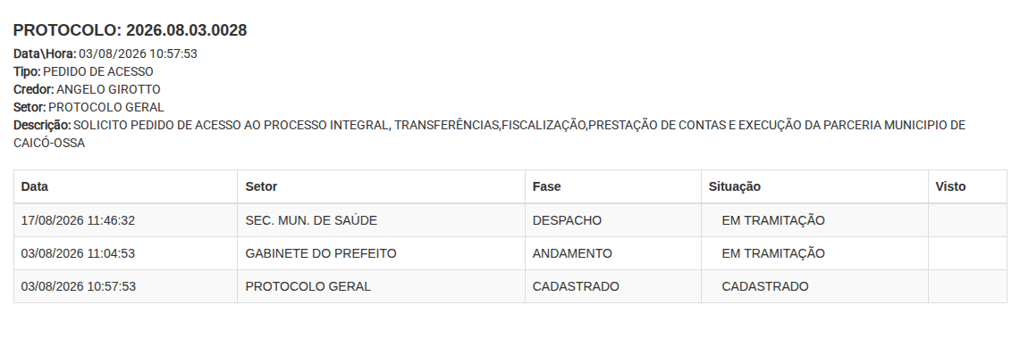 Protocolo 2026.08.03.0028 em tramitação na consulta de25/09/2026; painel com descrição e histórico, sem dados pessoais de acesso.