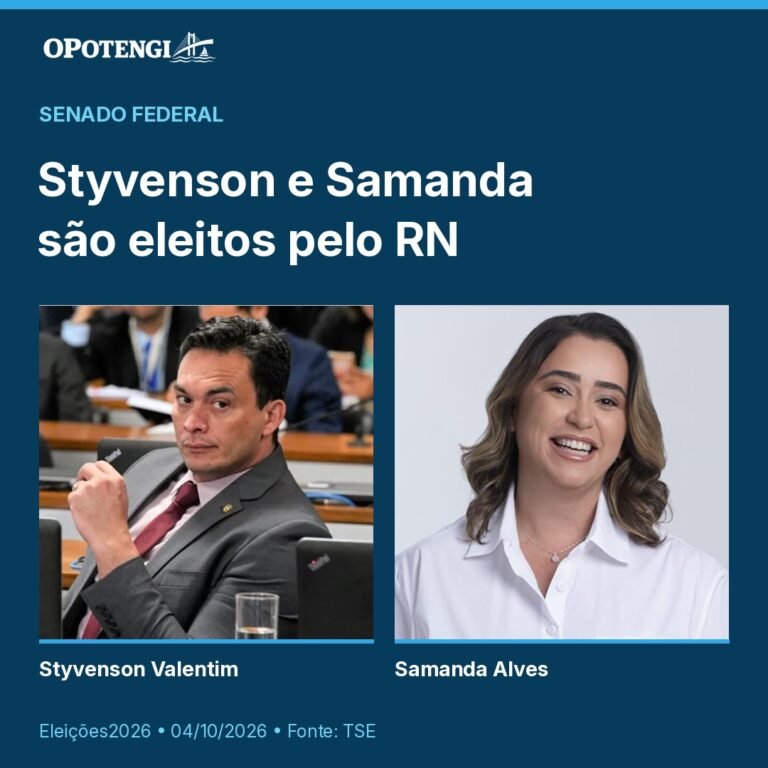 Styvenson Valentim e Samanda Alves, em fotografias reais. Título: Styvenson e Samanda são eleitos pelo RN. Senado Federal, eleições 2026. Fonte: TSE, 04/10/2026.