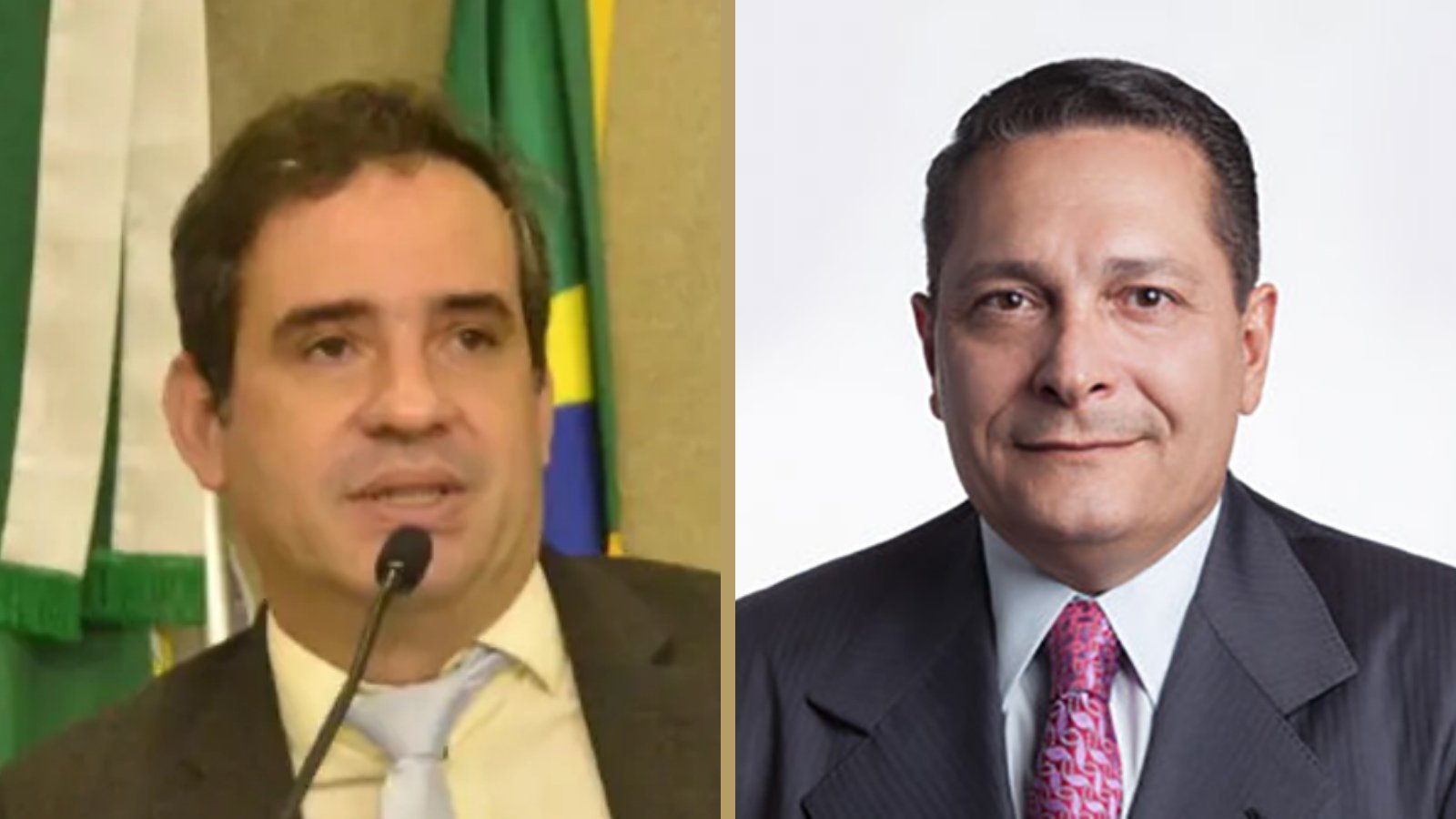 Composição com duas fotografias: Cadu de Lula à esquerda, falando ao microfone, e Ezequiel Ferreira à direita, de terno e gravata.
